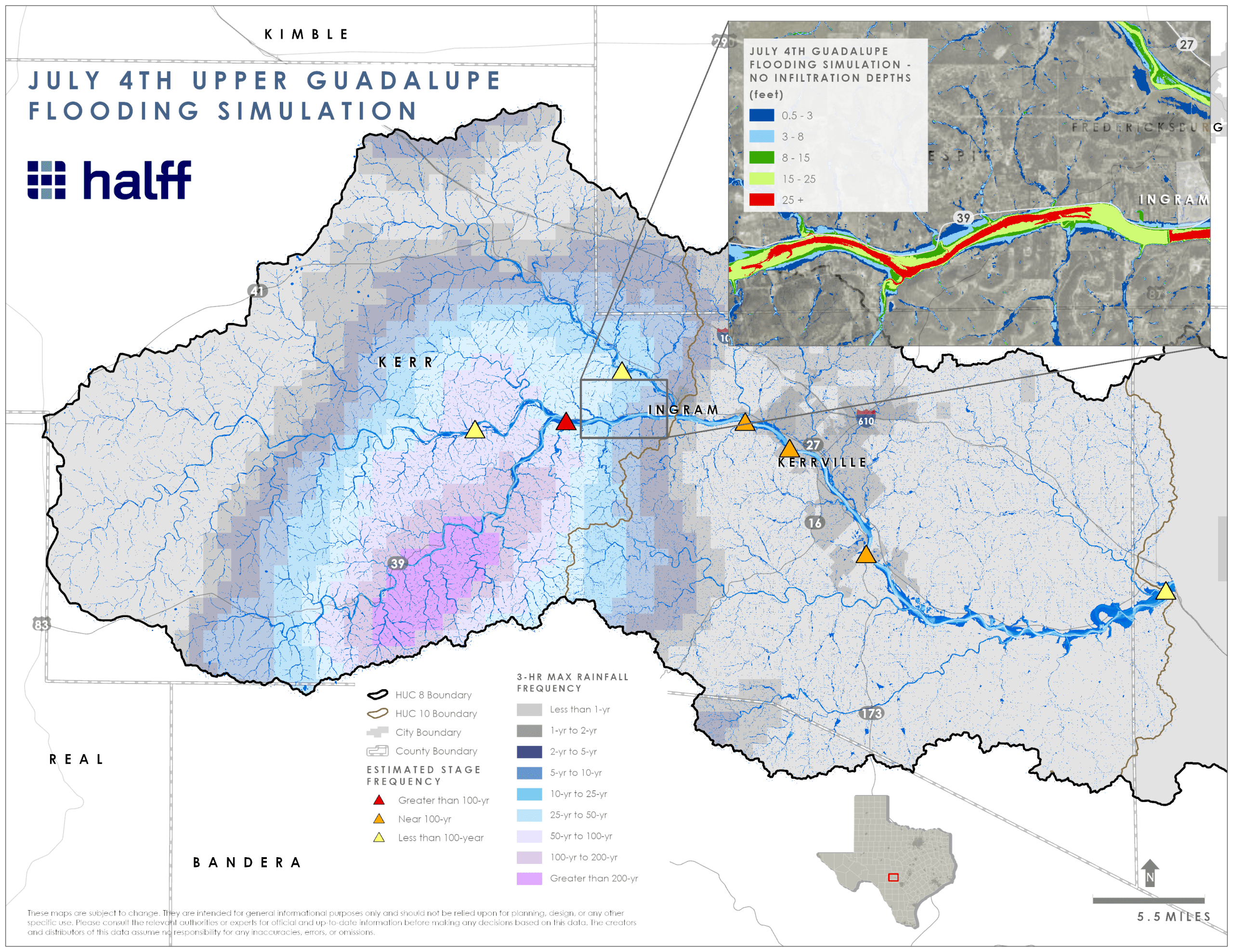 Upper Guadalupe flooding simulation overview July 2025 Halff map