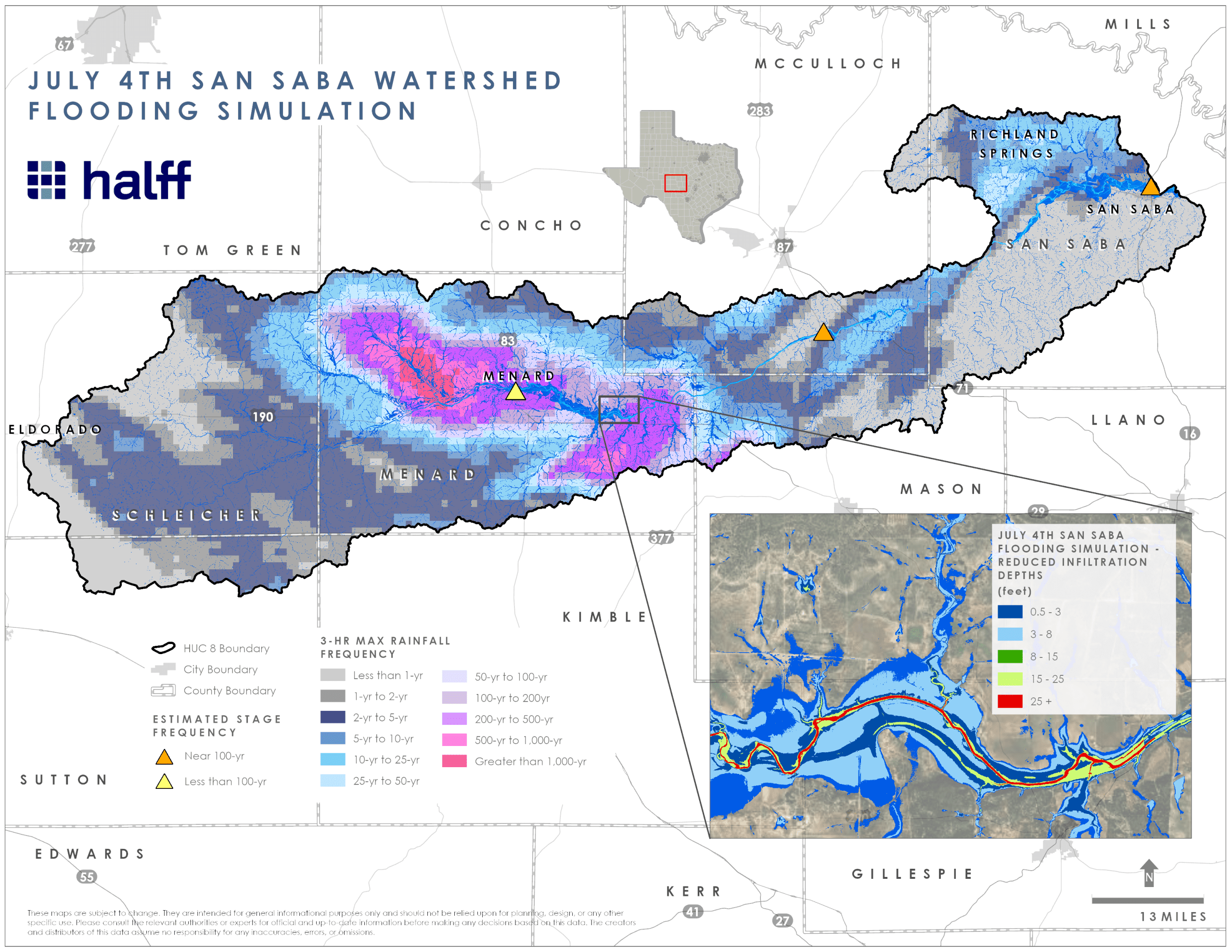 San Saba overview flood map with gauges July 2025 Halff map